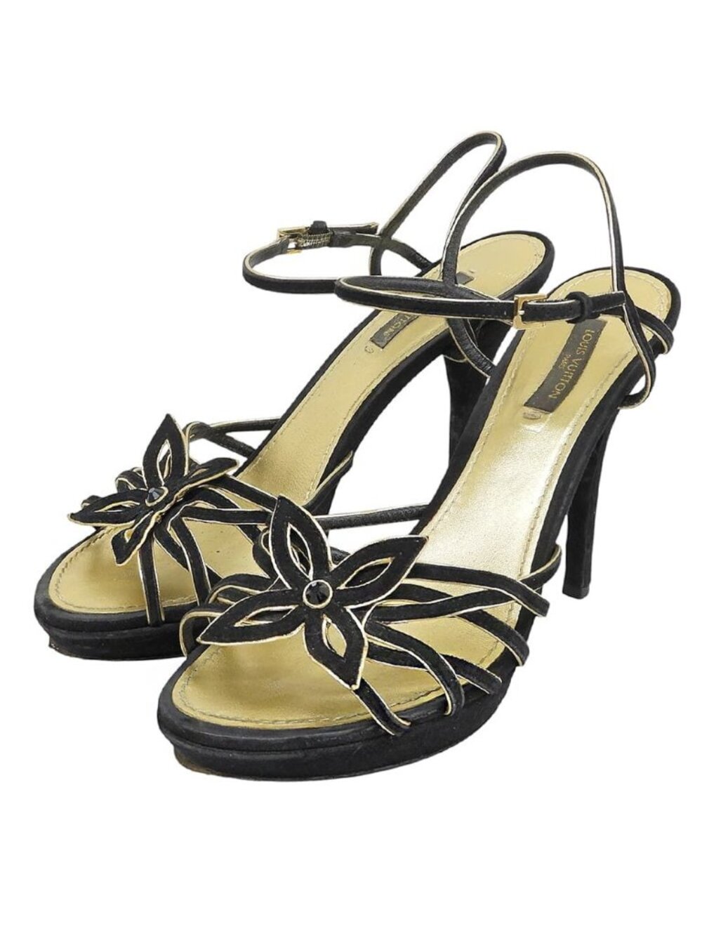 Louis Vuitton Suede Ankle Strap Sandals Shoes Black Gold